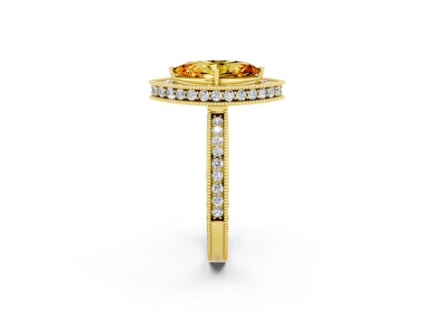 Yellow gold Marquise Cut Halo Diamond Engagement Ring with Milgrain Pave Band and Four-Prong Setting_2