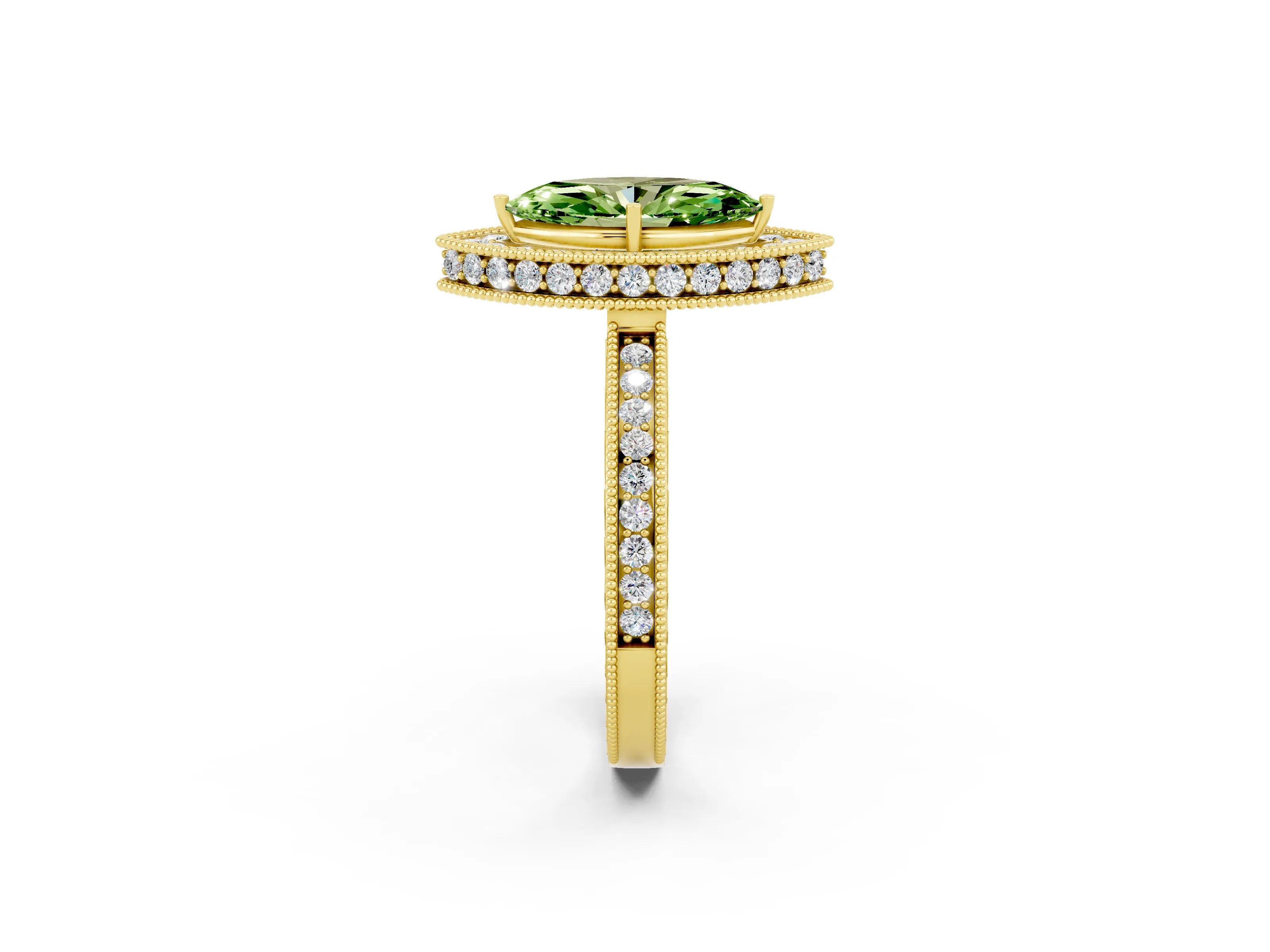 Yellow gold Marquise Cut Halo Diamond Engagement Ring with Milgrain Pave Band and Four-Prong Setting_2