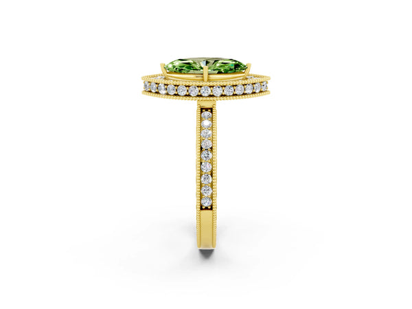 Yellow gold Marquise Cut Halo Diamond Engagement Ring with Milgrain Pave Band and Four-Prong Setting