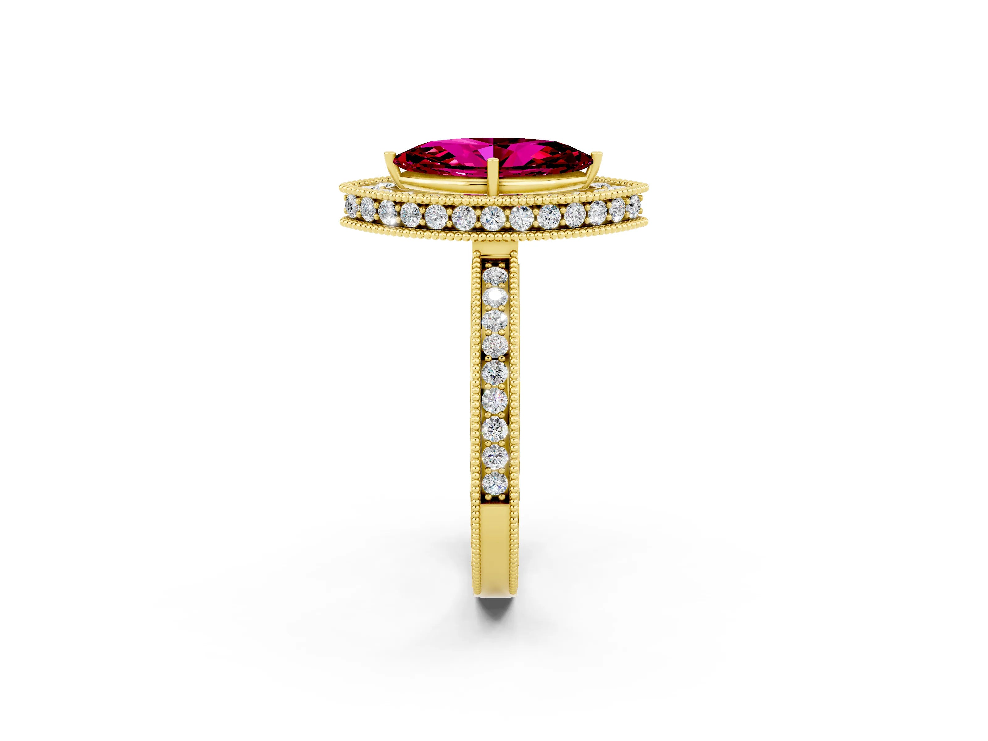 Yellow gold Marquise Cut Halo Diamond Engagement Ring with Milgrain Pave Band and Four-Prong Setting_2