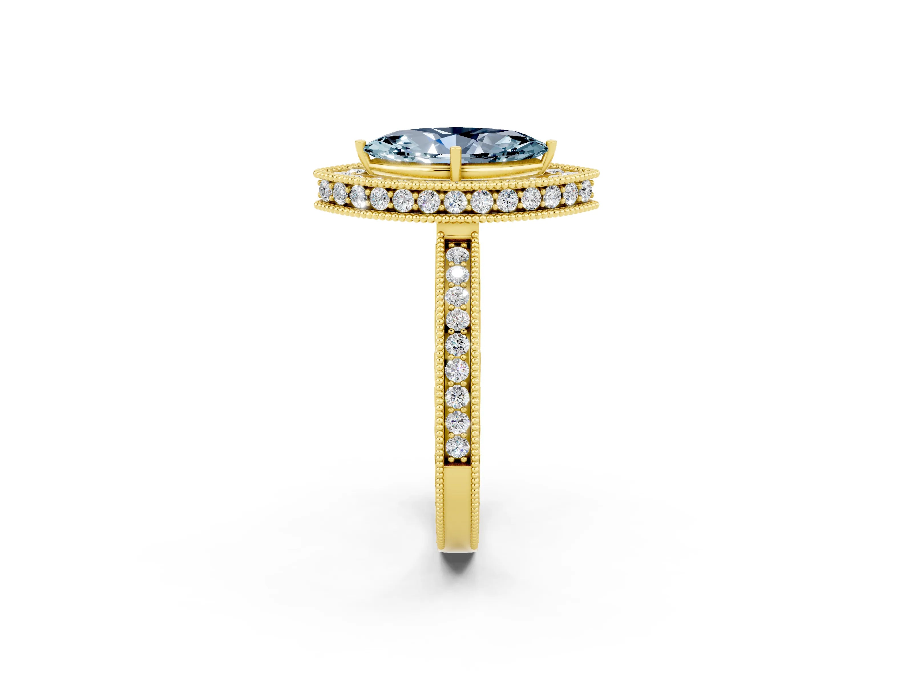 Yellow gold Marquise Cut Halo Diamond Engagement Ring with Milgrain Pave Band and Four-Prong Setting_2