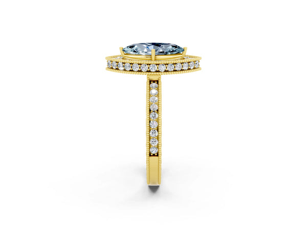 Yellow gold Marquise Cut Halo Diamond Engagement Ring with Milgrain Pave Band and Four-Prong Setting