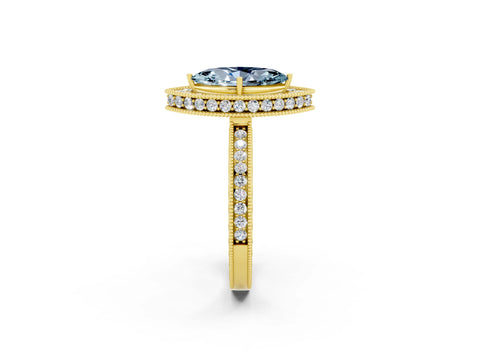 Yellow gold Marquise Cut Halo Diamond Engagement Ring with Milgrain Pave Band and Four-Prong Setting_2
