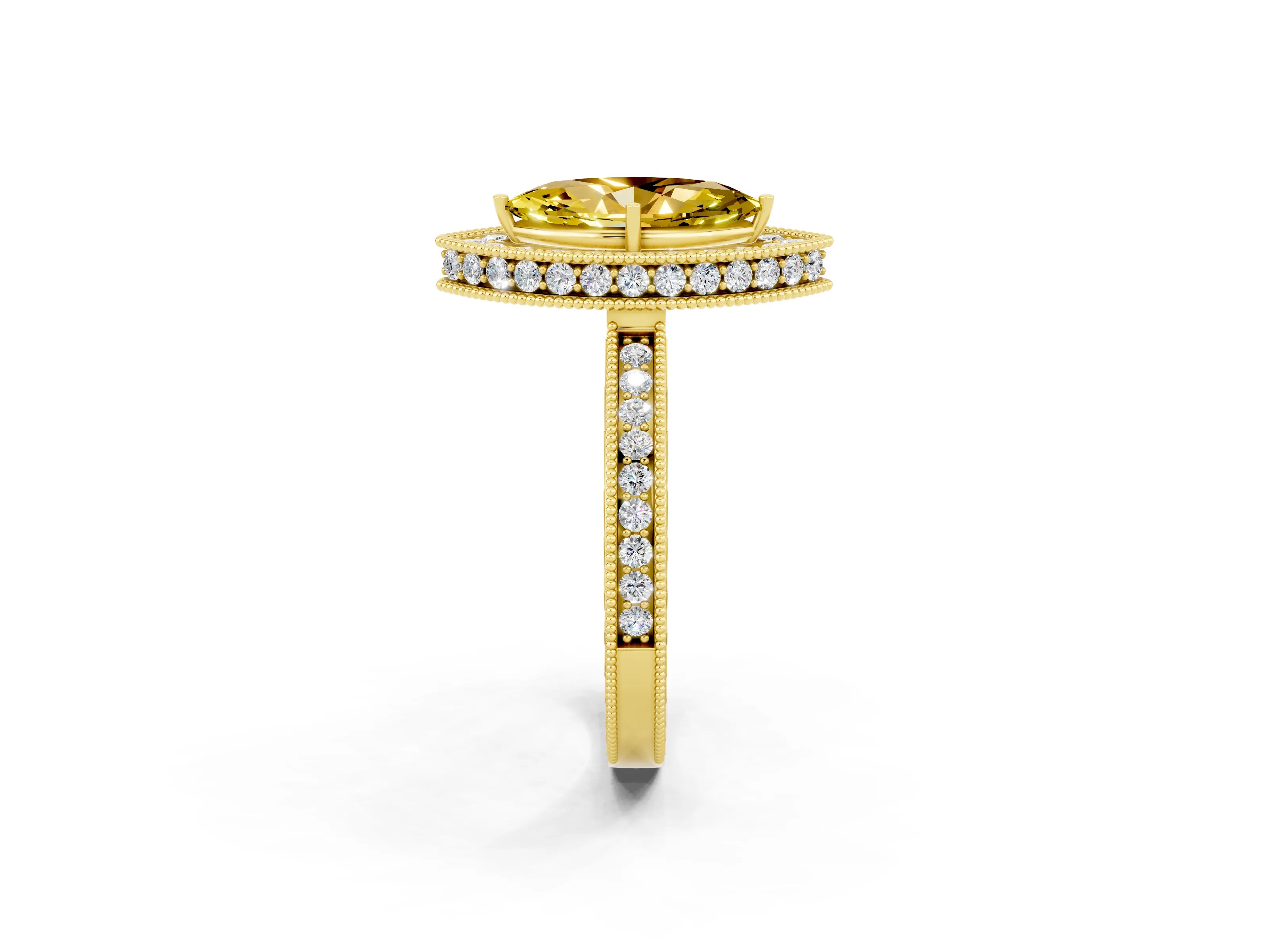 Yellow gold Marquise Cut Halo Diamond Engagement Ring with Milgrain Pave Band and Four-Prong Setting_2