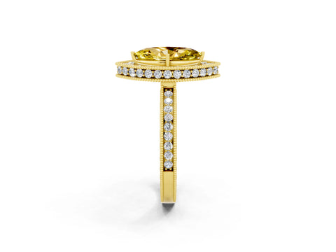Yellow gold Marquise Cut Halo Diamond Engagement Ring with Milgrain Pave Band and Four-Prong Setting_2