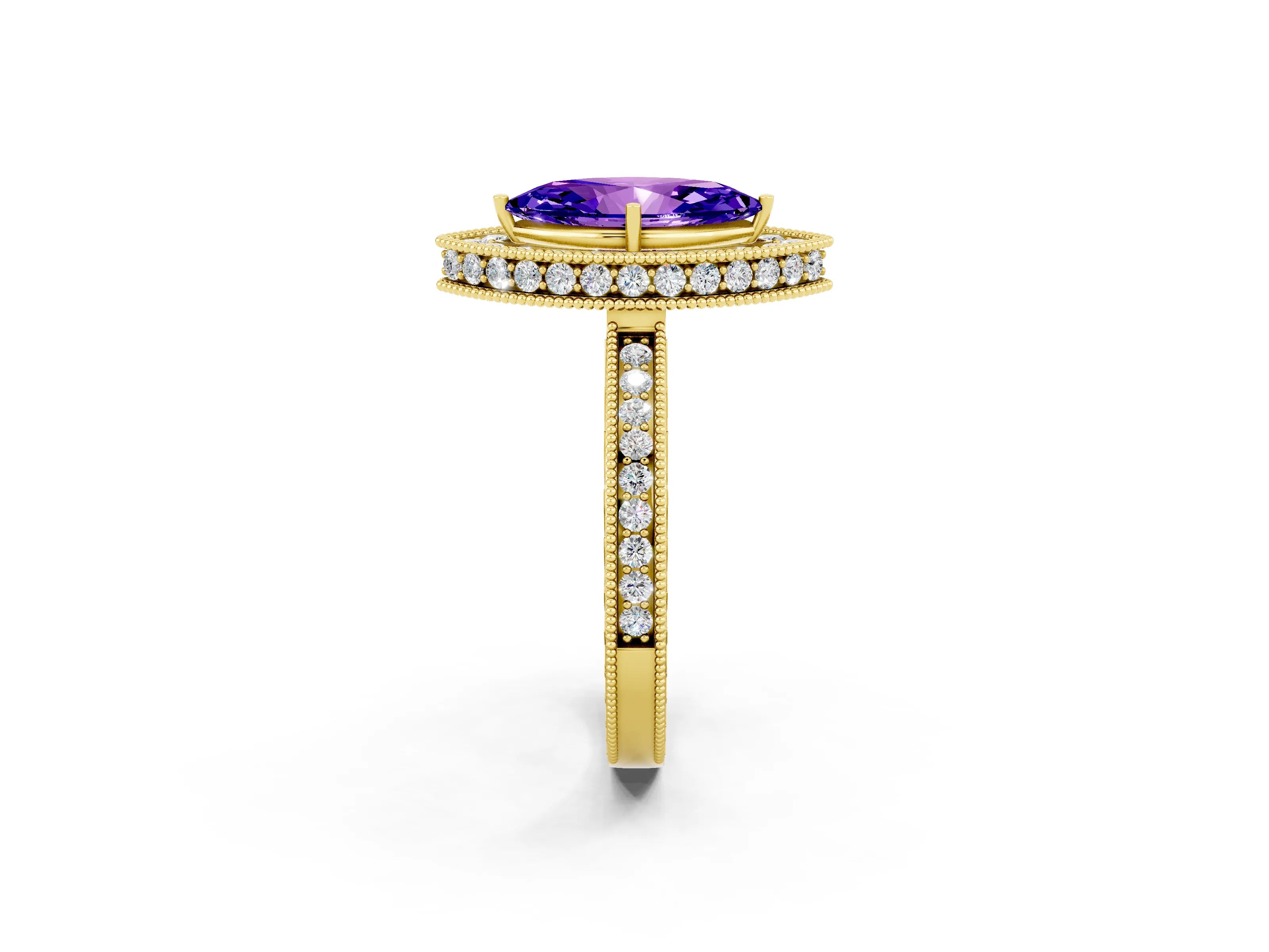 Yellow gold Marquise Cut Halo Diamond Engagement Ring with Milgrain Pave Band and Four-Prong Setting_2