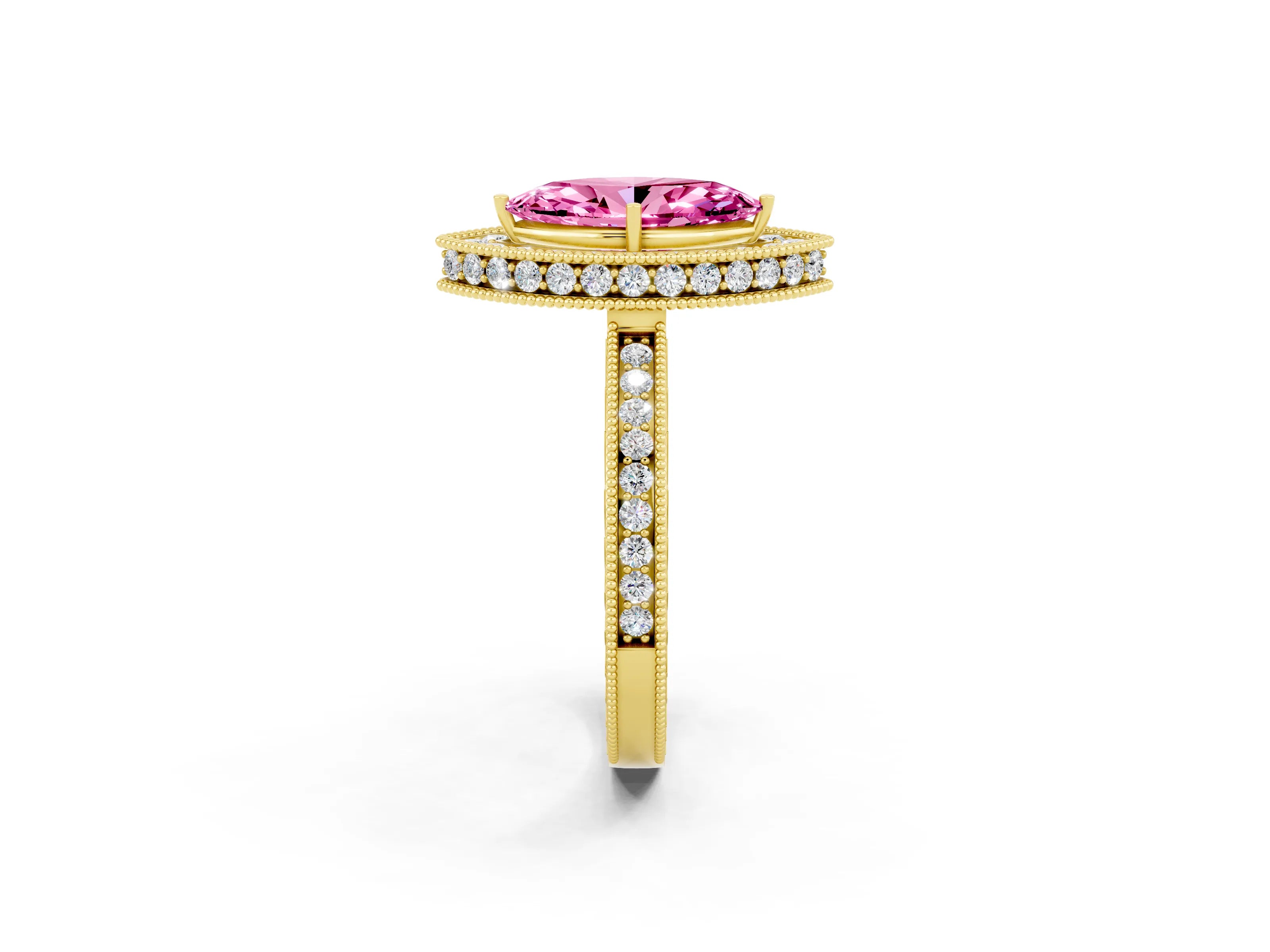 Yellow gold Marquise Cut Halo Diamond Engagement Ring with Milgrain Pave Band and Four-Prong Setting_2