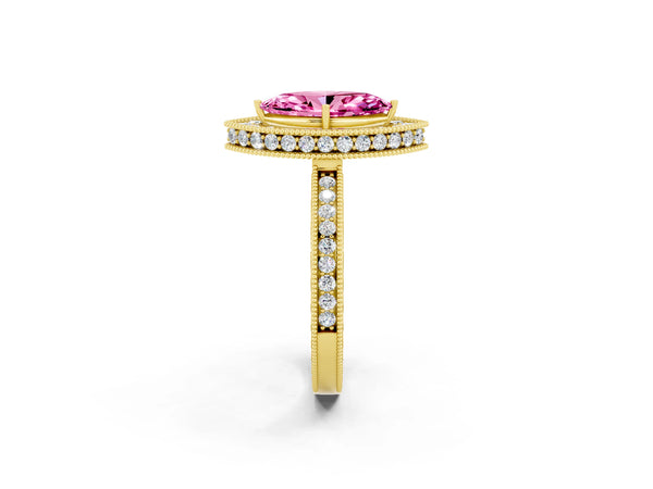 Yellow gold Marquise Cut Halo Diamond Engagement Ring with Milgrain Pave Band and Four-Prong Setting