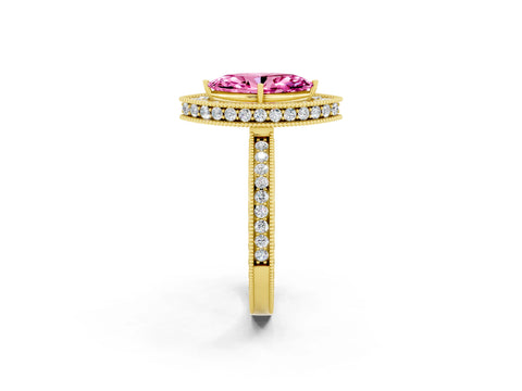 Yellow gold Marquise Cut Halo Diamond Engagement Ring with Milgrain Pave Band and Four-Prong Setting_2