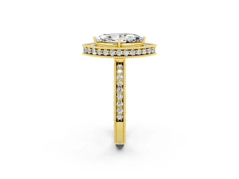 Yellow gold Marquise Cut Halo Diamond Engagement Ring with Milgrain Pave Band and Four-Prong Setting_2