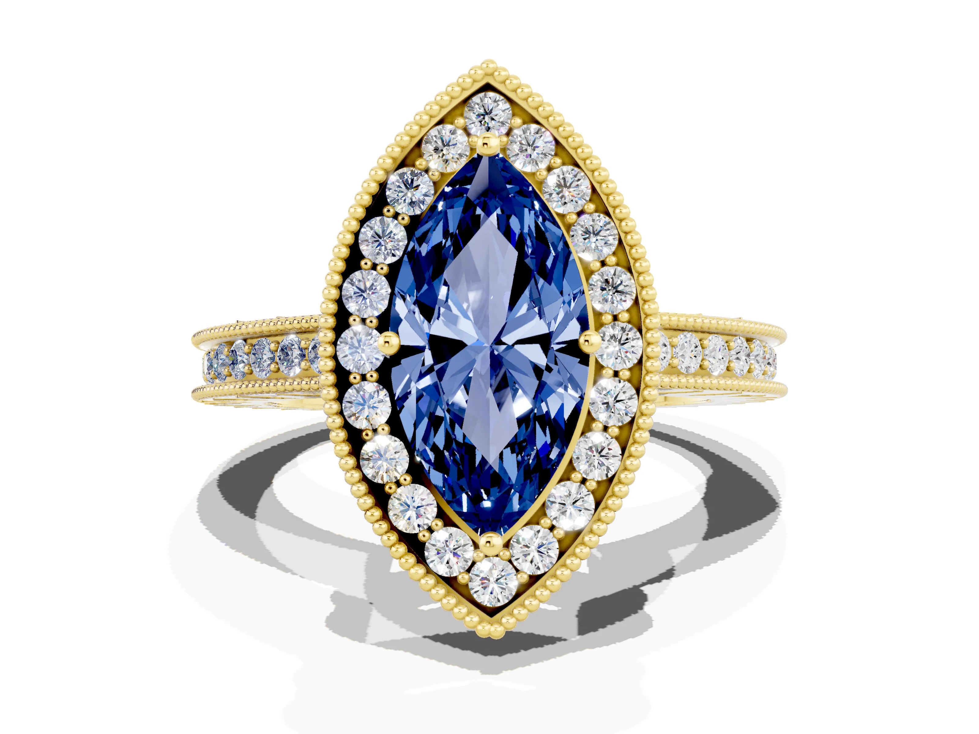 Yellow gold Marquise Cut Halo Diamond Engagement Ring with Milgrain Pave Band and Four-Prong Setting