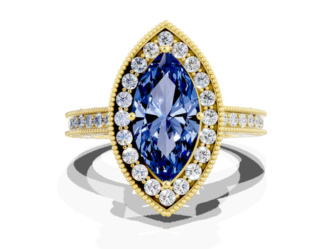 Yellow gold Marquise Cut Halo Diamond Engagement Ring with Milgrain Pave Band and Four-Prong Setting