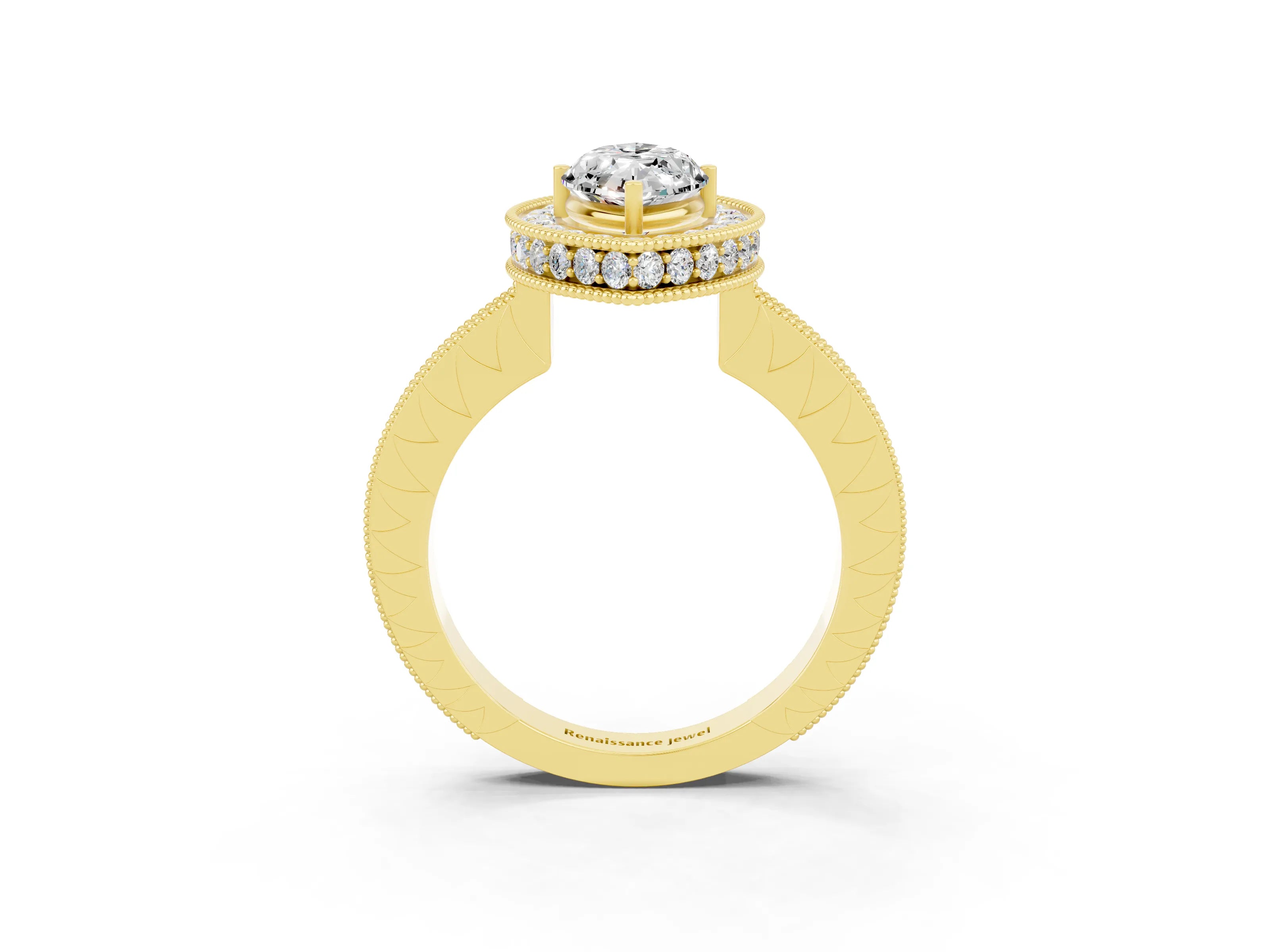 Yellow gold Marquise Cut Halo Diamond Engagement Ring with Milgrain Pave Band and Four-Prong Setting_3
