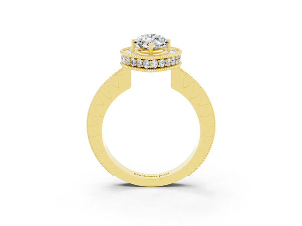 Yellow gold Marquise Cut Halo Diamond Engagement Ring with Milgrain Pave Band and Four-Prong Setting