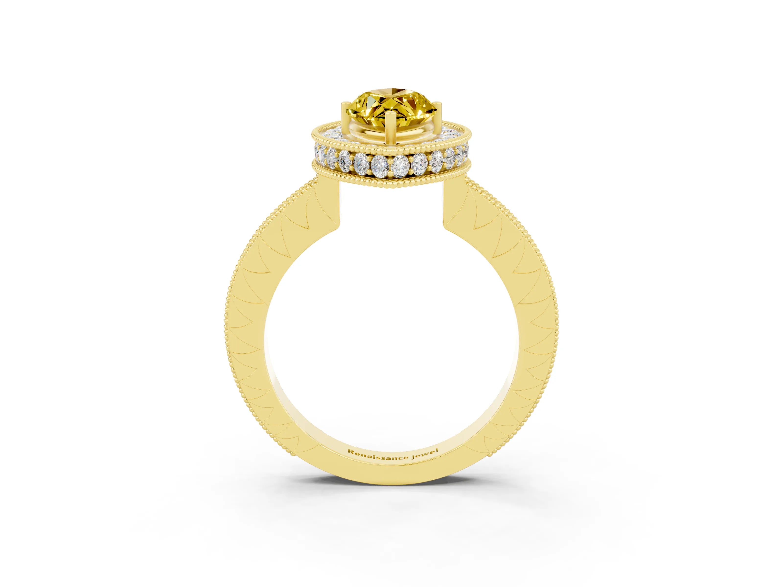 Yellow gold Marquise Cut Halo Diamond Engagement Ring with Milgrain Pave Band and Four-Prong Setting_3