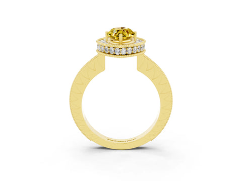 Yellow gold Marquise Cut Halo Diamond Engagement Ring with Milgrain Pave Band and Four-Prong Setting_3