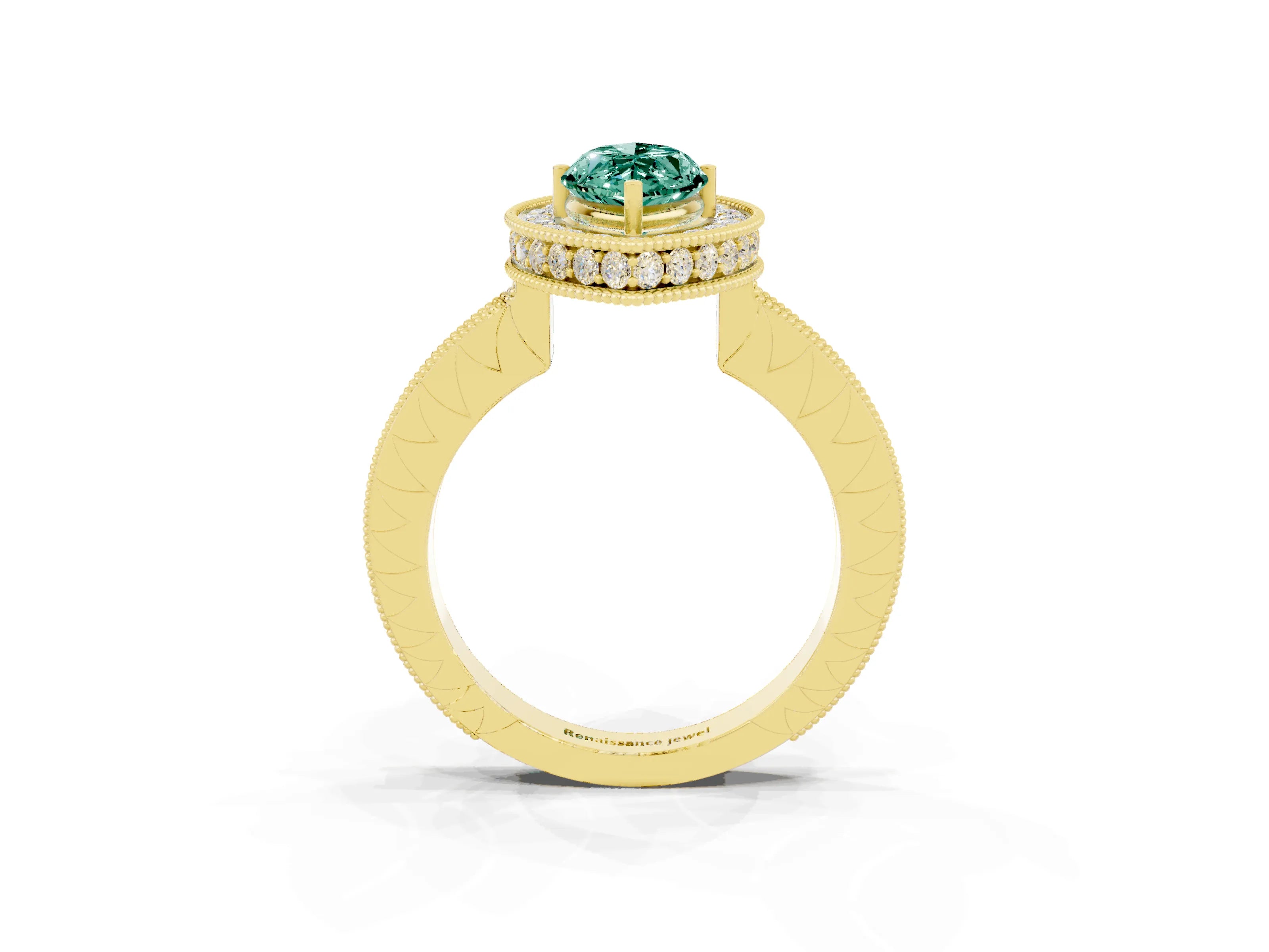 Yellow gold Marquise Cut Halo Diamond Engagement Ring with Milgrain Pave Band and Four-Prong Setting_3