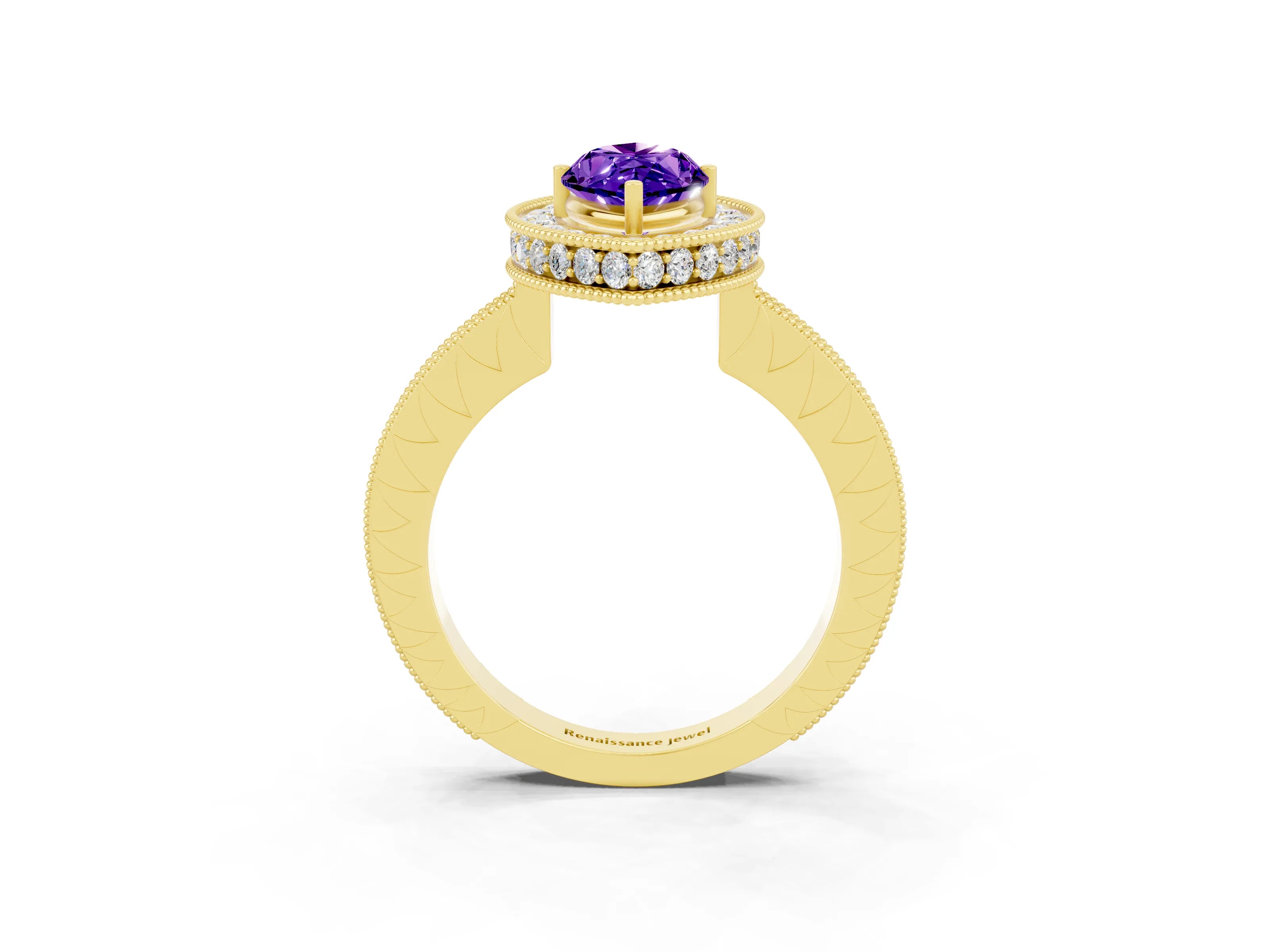 Yellow gold Marquise Cut Halo Diamond Engagement Ring with Milgrain Pave Band and Four-Prong Setting_3