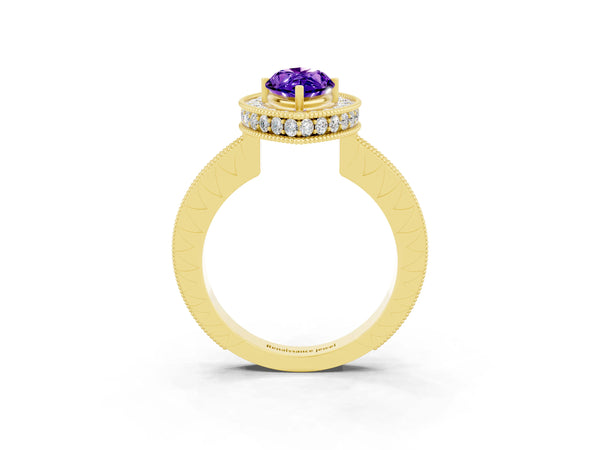 Yellow gold Marquise Cut Halo Diamond Engagement Ring with Milgrain Pave Band and Four-Prong Setting