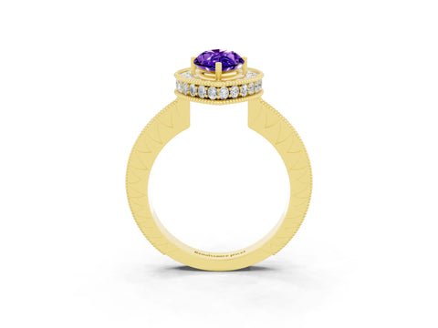 Yellow gold Marquise Cut Halo Diamond Engagement Ring with Milgrain Pave Band and Four-Prong Setting_3