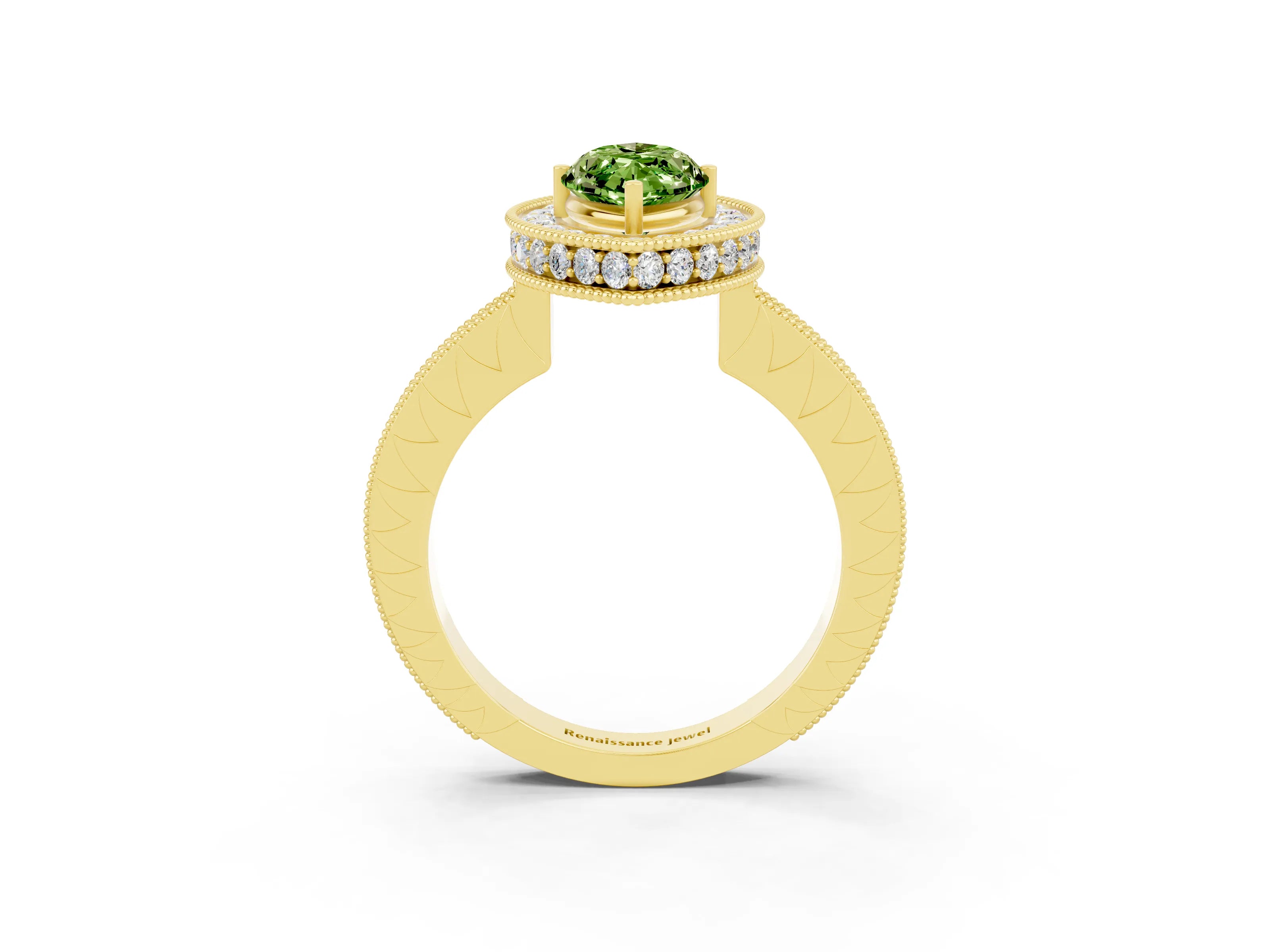 Yellow gold Marquise Cut Halo Diamond Engagement Ring with Milgrain Pave Band and Four-Prong Setting_3