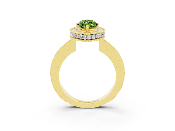 Yellow gold Marquise Cut Halo Diamond Engagement Ring with Milgrain Pave Band and Four-Prong Setting