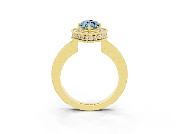 Yellow gold Marquise Cut Halo Diamond Engagement Ring with Milgrain Pave Band and Four-Prong Setting