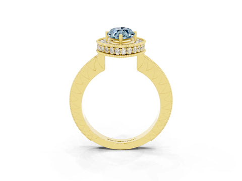 Yellow gold Marquise Cut Halo Diamond Engagement Ring with Milgrain Pave Band and Four-Prong Setting_3