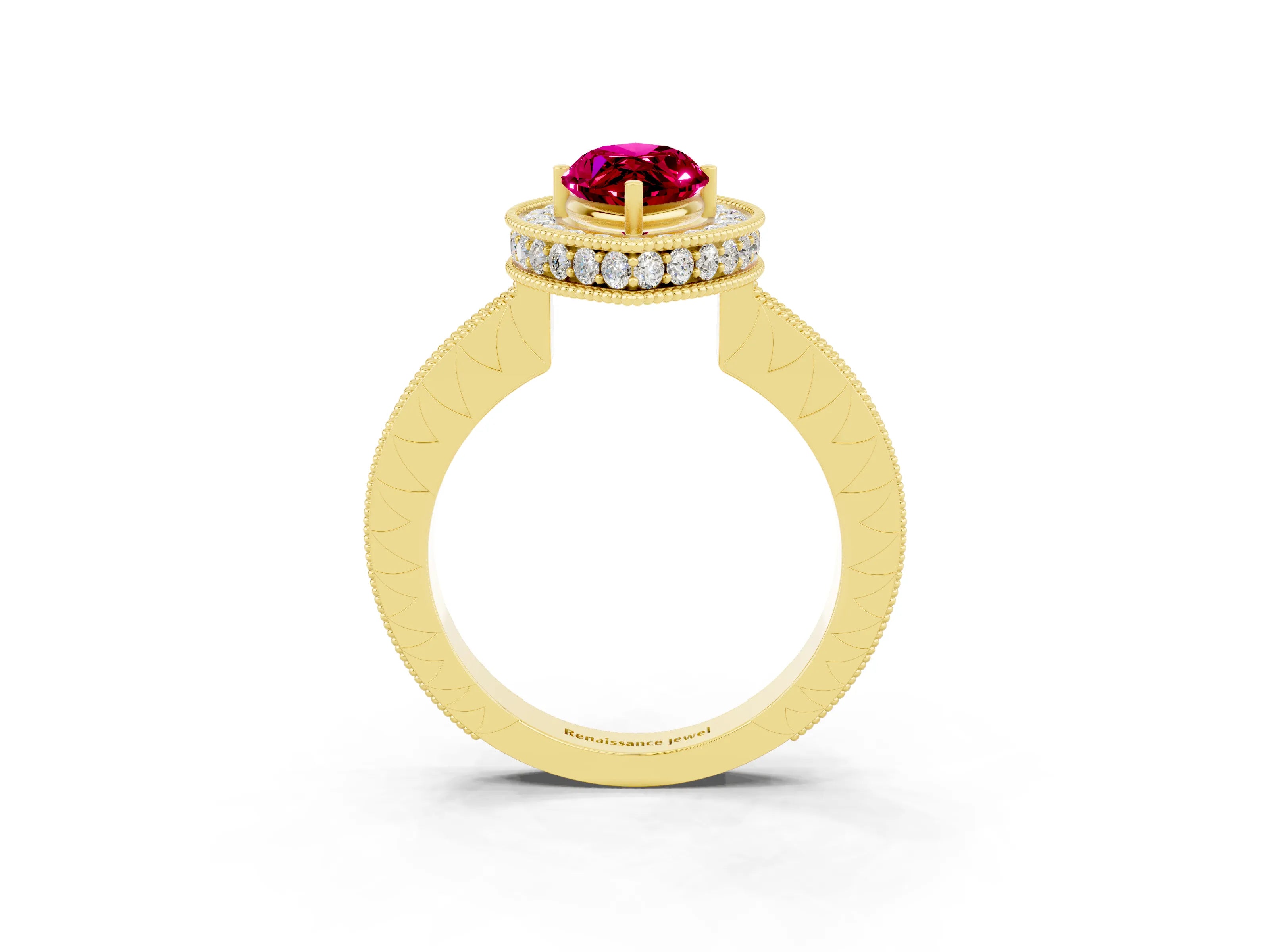 Yellow gold Marquise Cut Halo Diamond Engagement Ring with Milgrain Pave Band and Four-Prong Setting_3