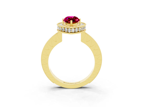 Yellow gold Marquise Cut Halo Diamond Engagement Ring with Milgrain Pave Band and Four-Prong Setting