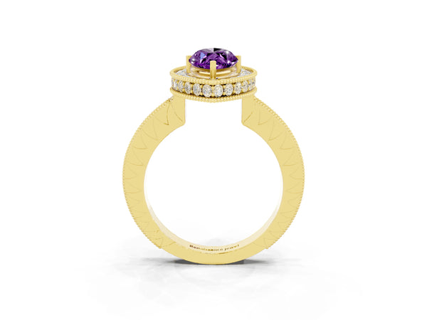 Yellow gold Marquise Cut Amethyst Milgrain Halo Engagement Ring with Round Pavé Band and Prong Setting