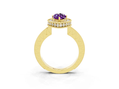 Yellow gold Marquise Cut Halo Diamond Engagement Ring with Milgrain Pave Band and Four-Prong Setting_3