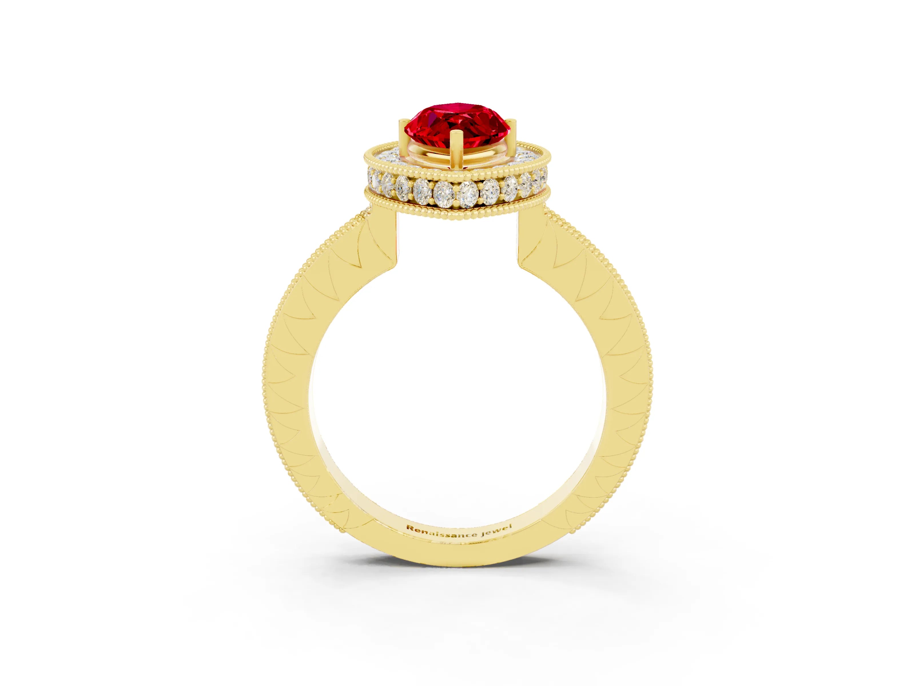 Yellow gold Marquise Cut Halo Diamond Engagement Ring with Milgrain Pave Band and Four-Prong Setting_3