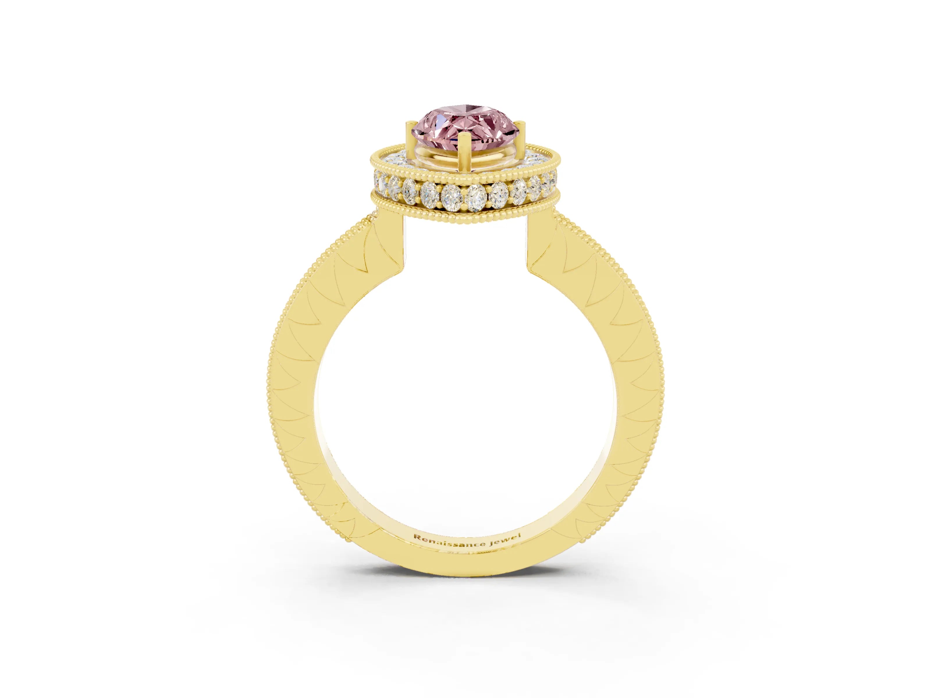 Yellow gold Marquise Cut Halo Diamond Engagement Ring with Milgrain Pave Band and Four-Prong Setting_3