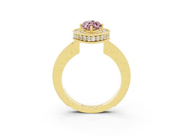Yellow gold Marquise Cut Halo Diamond Engagement Ring with Milgrain Pave Band and Four-Prong Setting