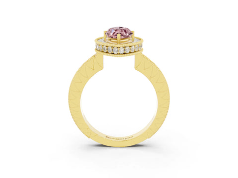 Yellow gold Marquise Cut Halo Diamond Engagement Ring with Milgrain Pave Band and Four-Prong Setting_3