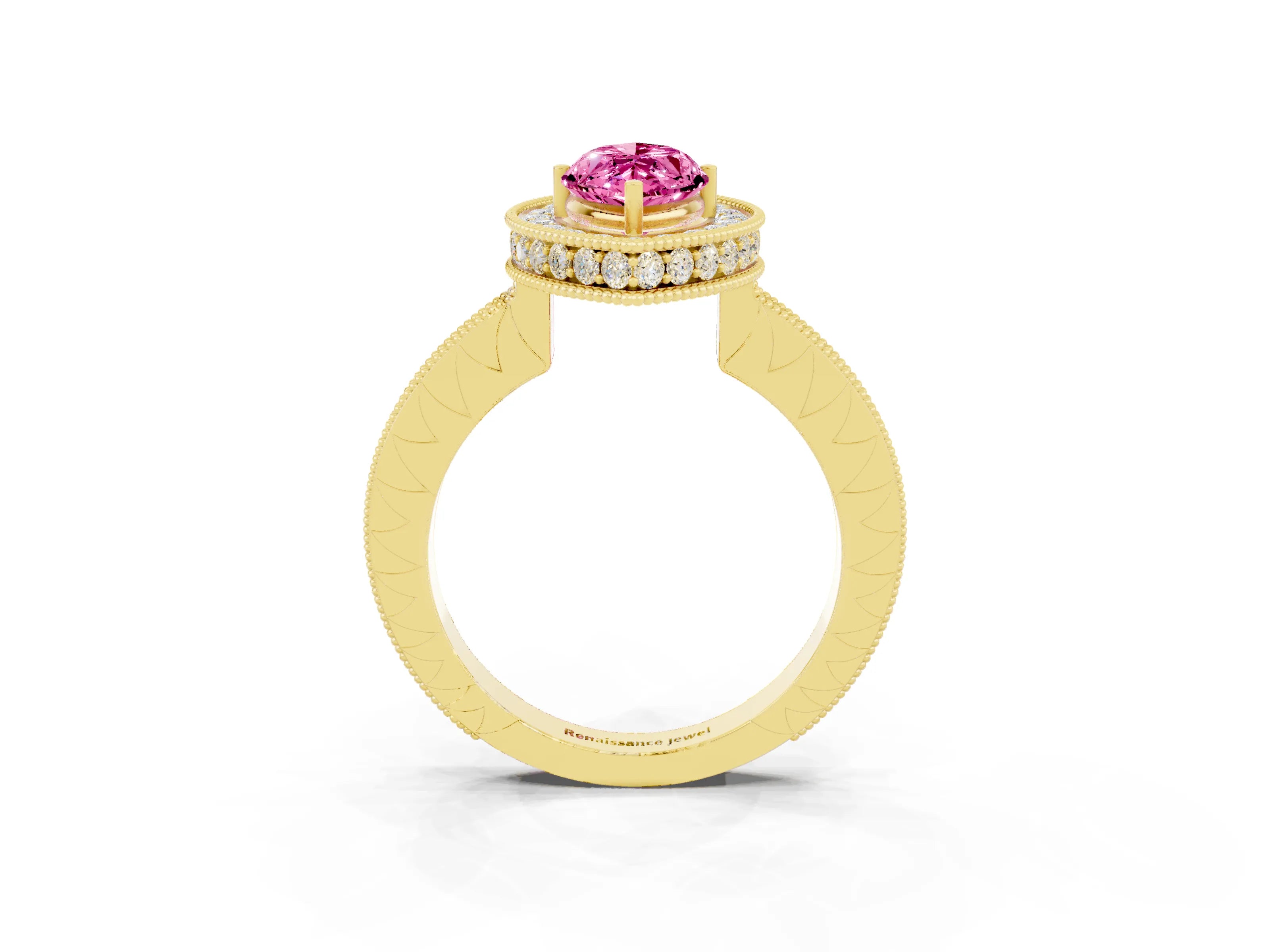 Yellow gold Marquise Cut Halo Diamond Engagement Ring with Milgrain Pave Band and Four-Prong Setting_3