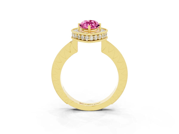 Yellow gold Marquise Cut Halo Diamond Engagement Ring with Milgrain Pave Band and Four-Prong Setting