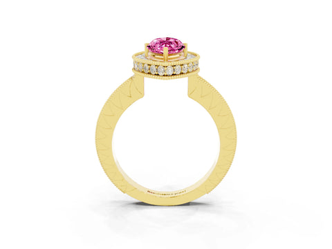Yellow gold Marquise Cut Halo Diamond Engagement Ring with Milgrain Pave Band and Four-Prong Setting_3