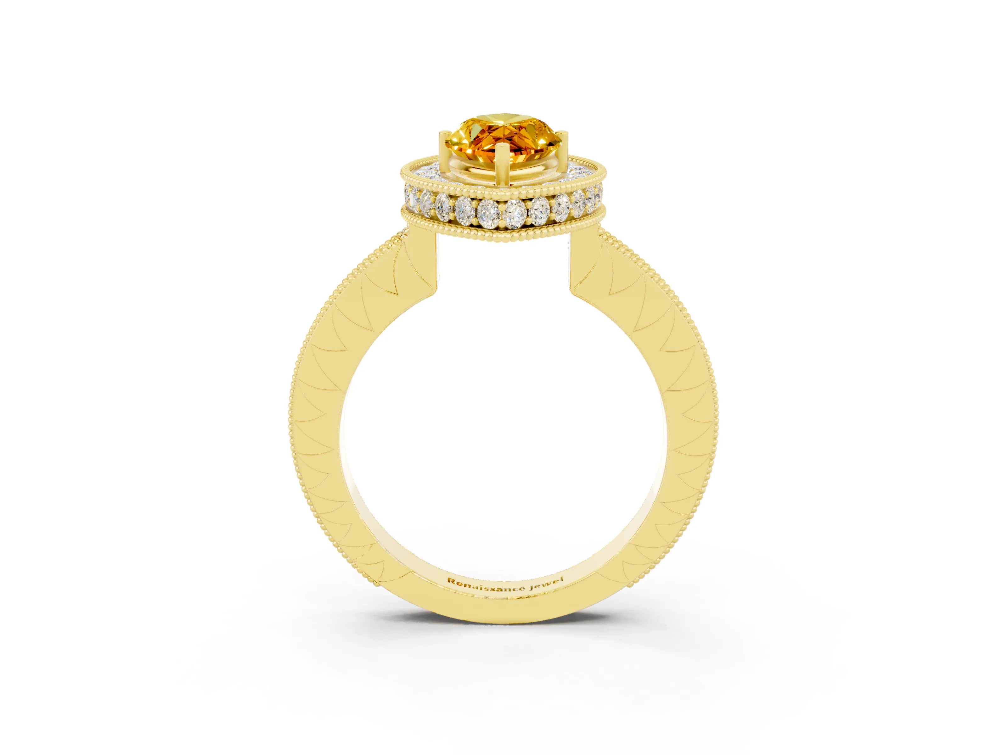 Yellow gold Marquise Cut Halo Diamond Engagement Ring with Milgrain Pave Band and Four-Prong Setting_3