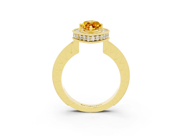 Yellow gold Marquise Cut Halo Diamond Engagement Ring with Milgrain Pave Band and Four-Prong Setting
