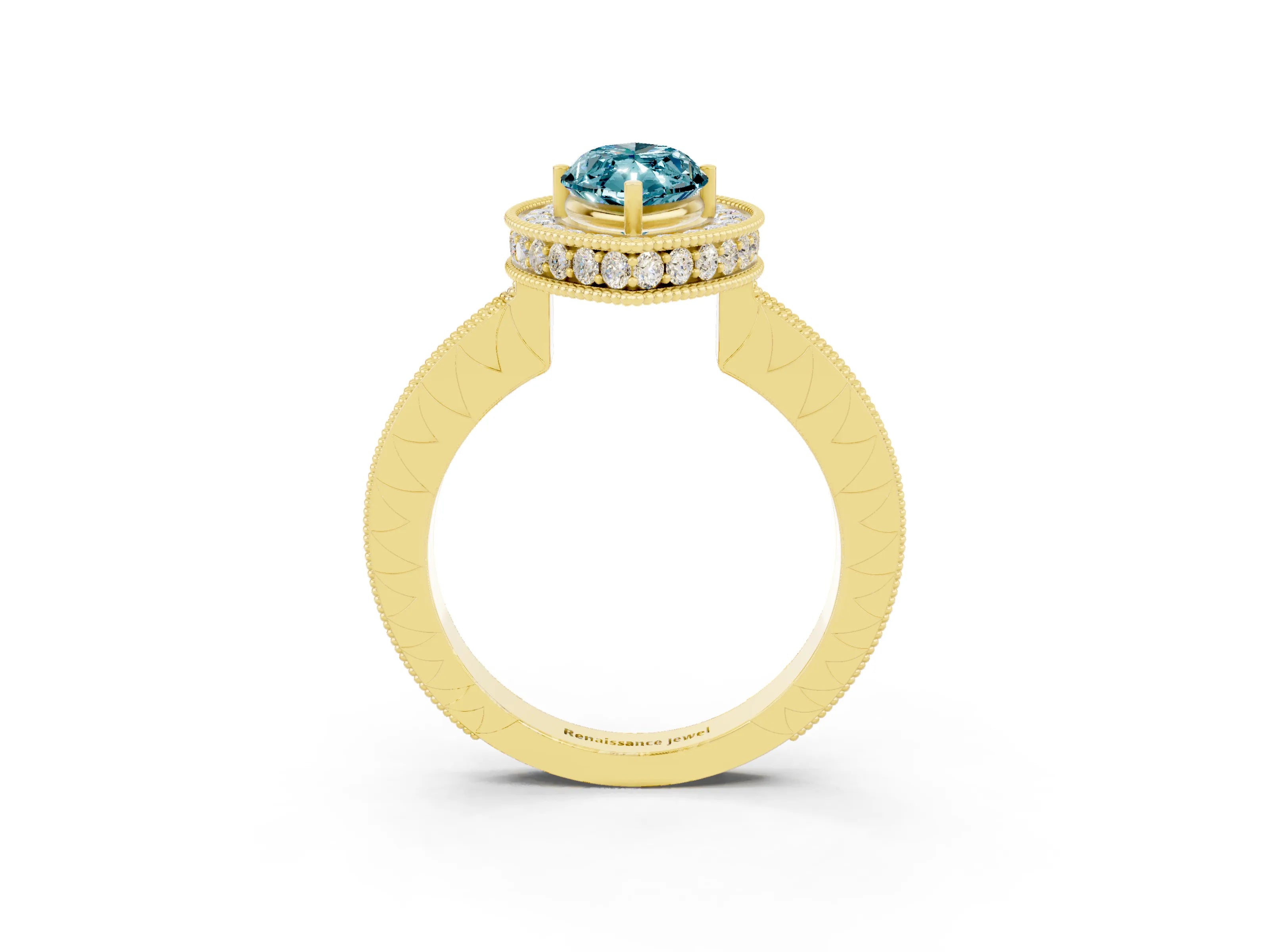 Yellow gold Marquise Cut Halo Diamond Engagement Ring with Milgrain Pave Band and Four-Prong Setting_3