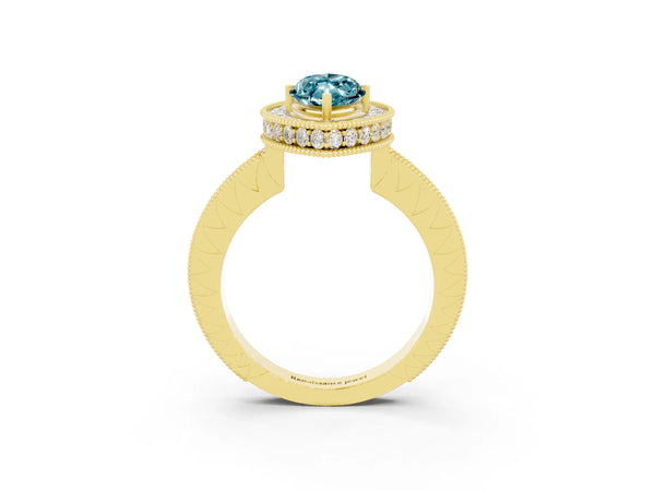 Yellow gold Marquise Cut Halo Diamond Engagement Ring with Milgrain Pave Band and Four-Prong Setting