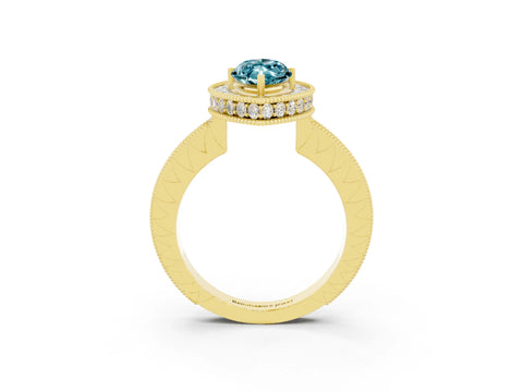 Yellow gold Marquise Cut Halo Diamond Engagement Ring with Milgrain Pave Band and Four-Prong Setting_3