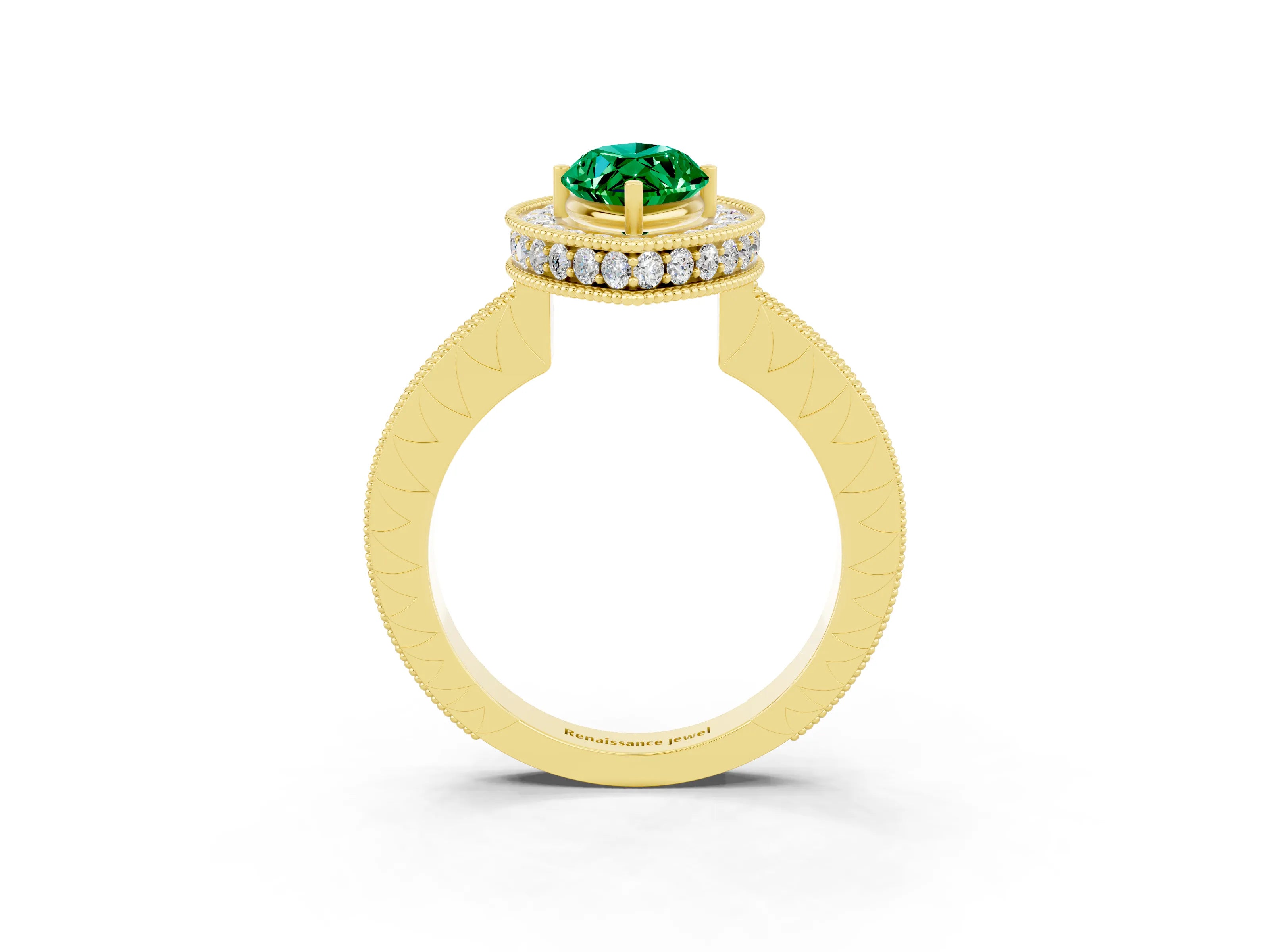Yellow gold Marquise Cut Halo Diamond Engagement Ring with Milgrain Pave Band and Four-Prong Setting_3