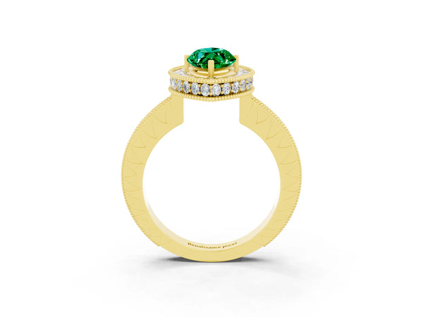 Yellow gold Marquise Cut Halo Diamond Engagement Ring with Milgrain Pave Band and Four-Prong Setting