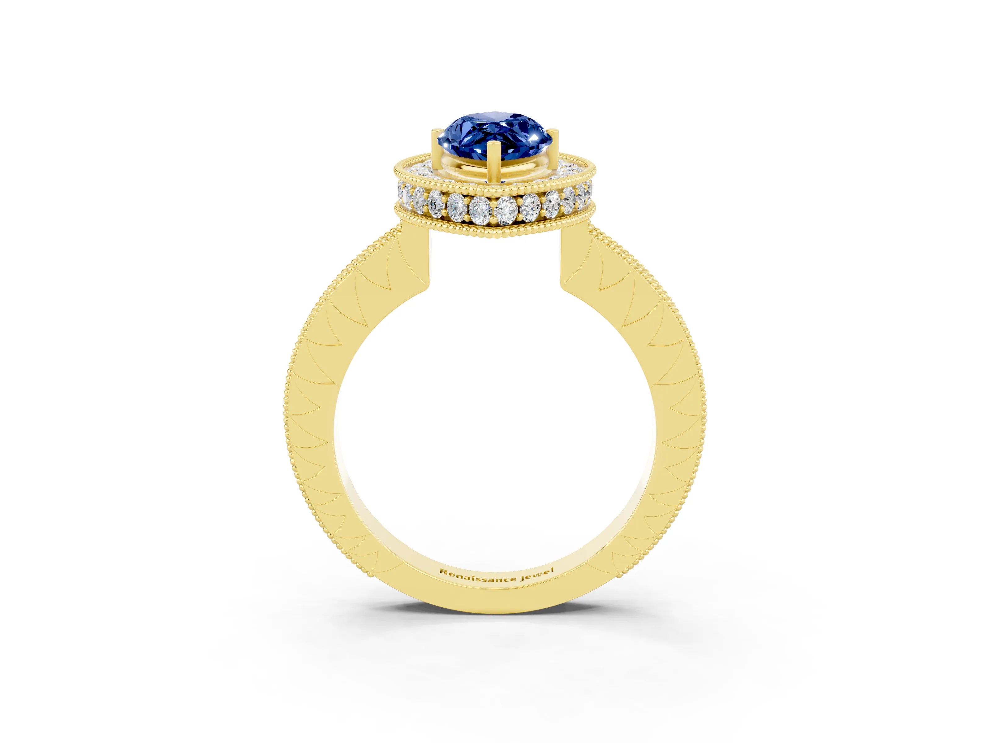 Yellow gold Marquise Cut Halo Diamond Engagement Ring with Milgrain Pave Band and Four-Prong Setting_3