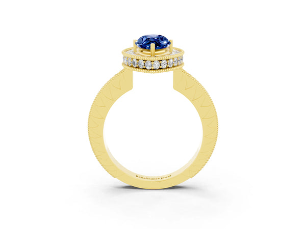 Yellow gold Marquise Cut Halo Diamond Engagement Ring with Milgrain Pave Band and Four-Prong Setting