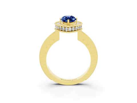 Yellow gold Marquise Cut Halo Diamond Engagement Ring with Milgrain Pave Band and Four-Prong Setting_3