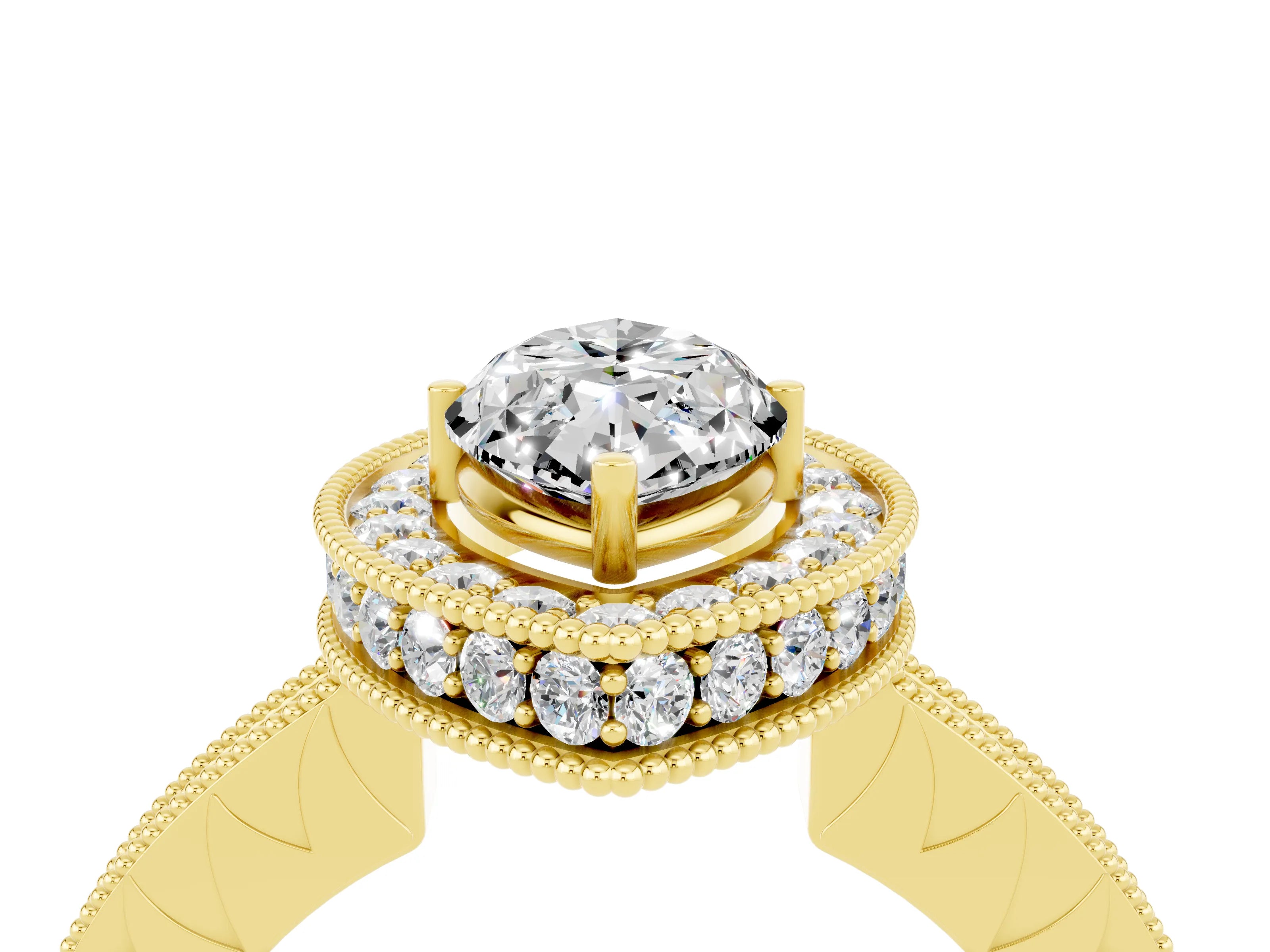 Yellow gold Marquise Cut Halo Diamond Engagement Ring with Milgrain Pave Band and Four-Prong Setting_4
